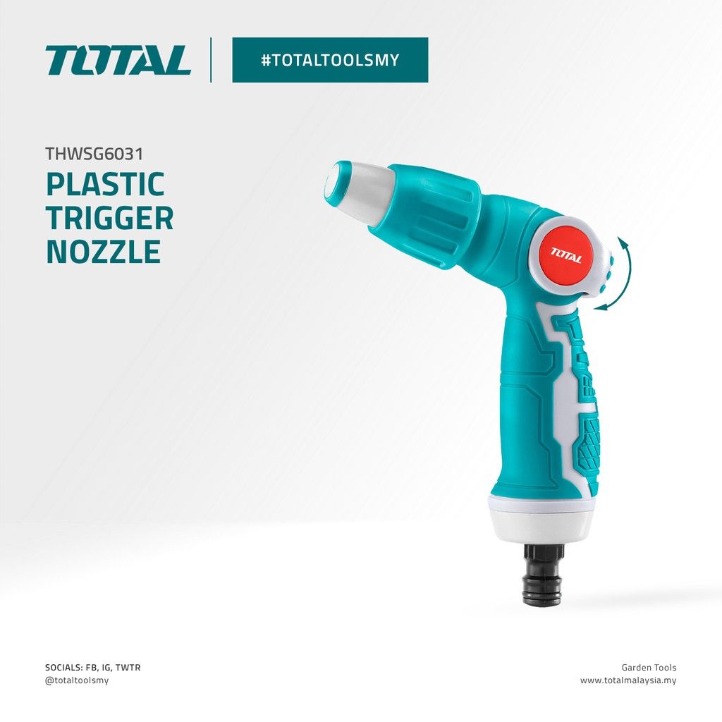 TOTAL THWSG6031 PLASTIC TRIGGER NOZZLE (SUITABLE WITH 3/4? GARDEN HOSE WITH 3 DIFFERENT SPRAY PATTERNS.)
