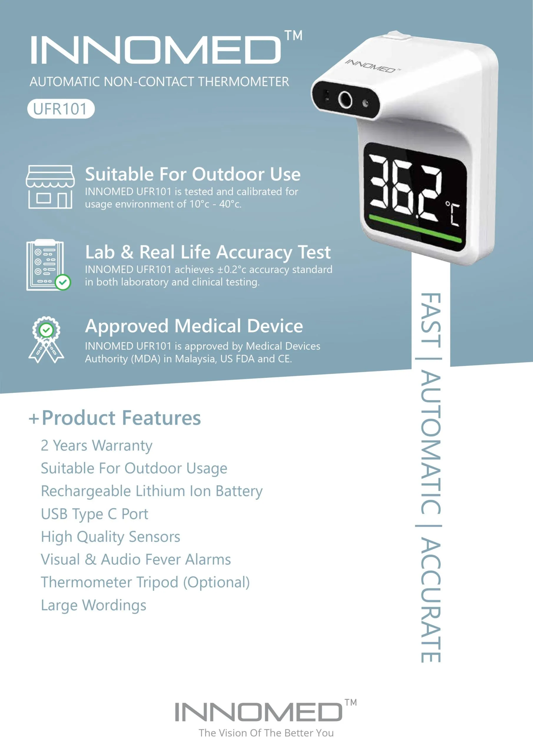 MDA Approved Malaysia Warranty Innomed UFR101 Fast Handsfree Thermometer