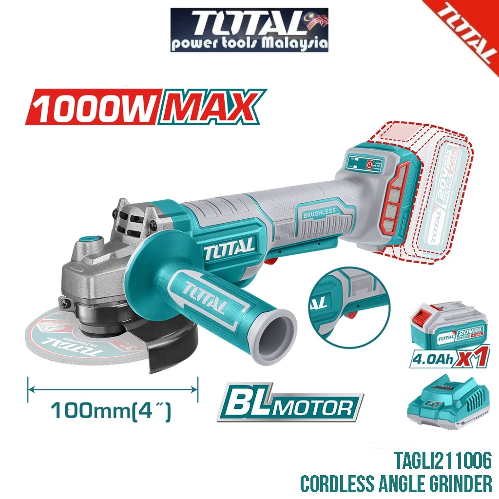 TOTAL Li-ion Angle Grinder (4"/20V) Brushless Motor + Battery + Case