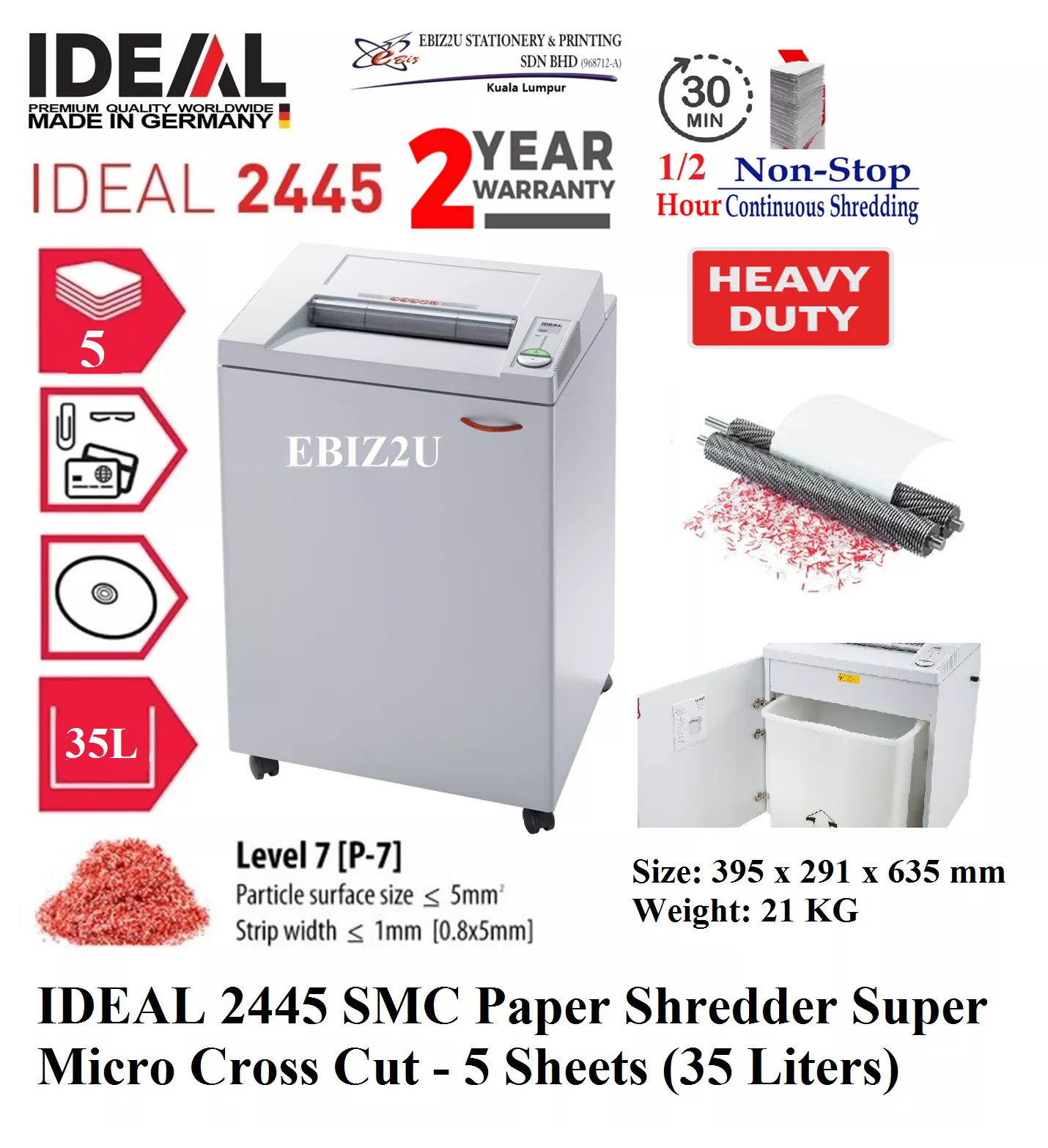 IDEAL 2445 SMC Paper Shredder Super Micro Cross Cut (0.8 x 5mm) - 5 Sheets (35 Liters) (30 mins non stop, Micro Cut, Paper Shredder, Shredder Machine, Office Shredder, Heavy Duty Shredder, Mesin Penghancur Kertas)
