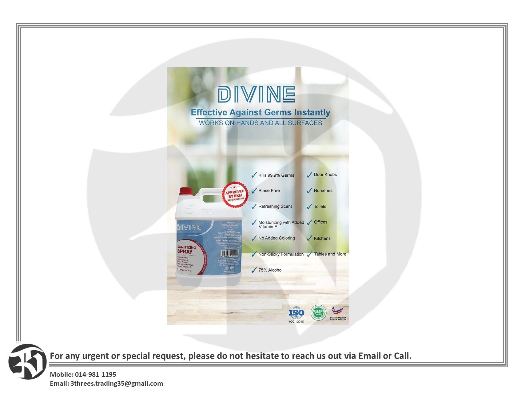 Divine Sanitizer 5 Litre (Liquid), 75% Alcohol, Non-sticky formulation with Vitamin E