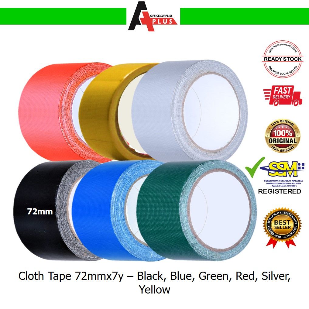 Cloth Tape 72mmx7y / Binding Tape / Pita Kain - Black, Blue, Green, Red, Silver, Yellow
