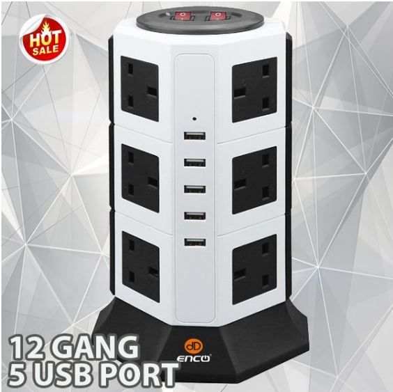 ENCO Extension Plug Sockets Tower With Surge Protector 12 Sockets 5 USB Port With SIRIM Approved - Black Series
