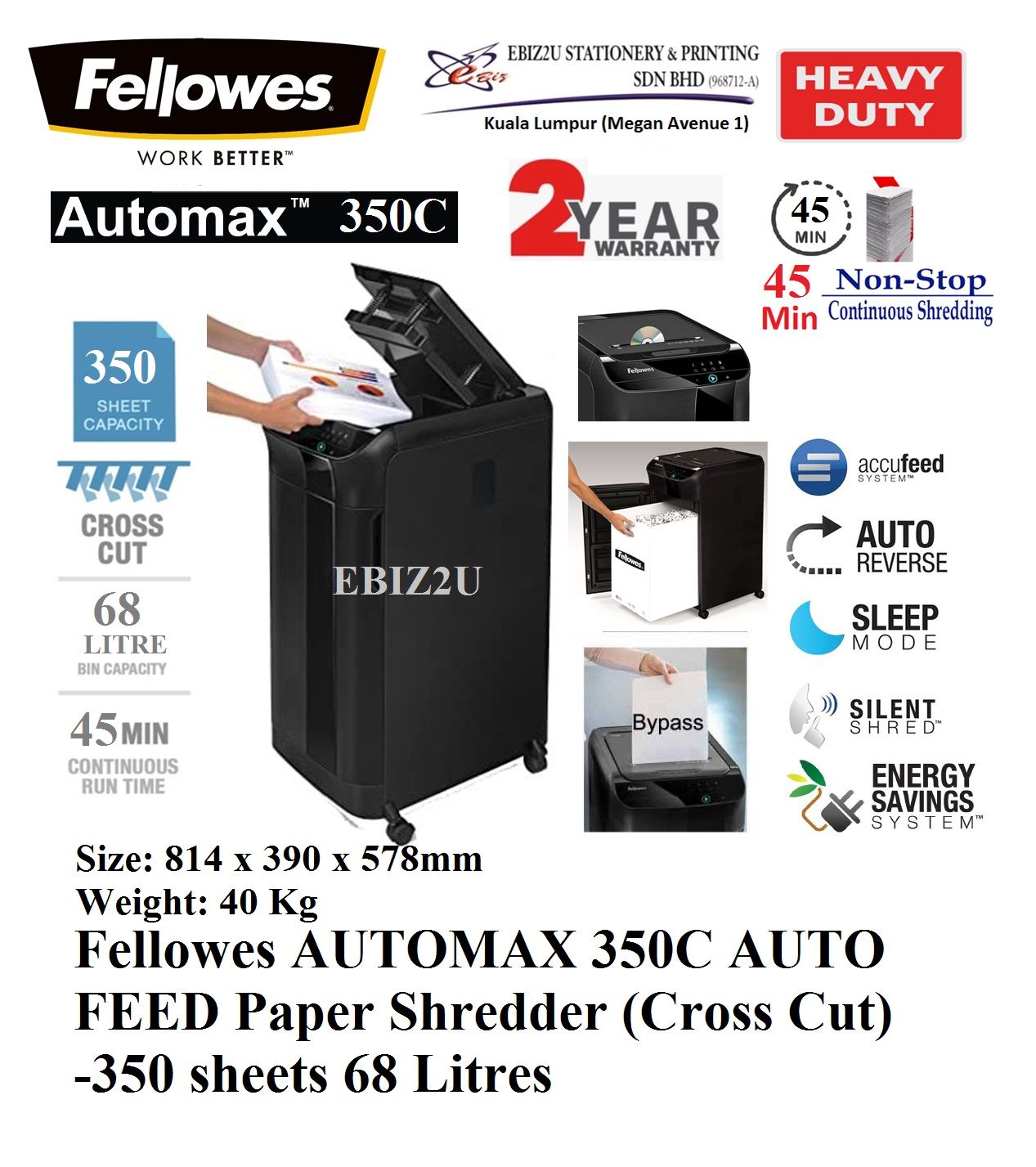 Fellowes AUTOMAX 350C AUTO FEED Paper Shredder (Cross Cut) 4 x 38 mm -350 sheets 68 Litres (Cross Cut, Paper Shredder, Shredder Machine, Office Shredder, Heavy Duty Shredder, Mesin Penghancur Kertas)