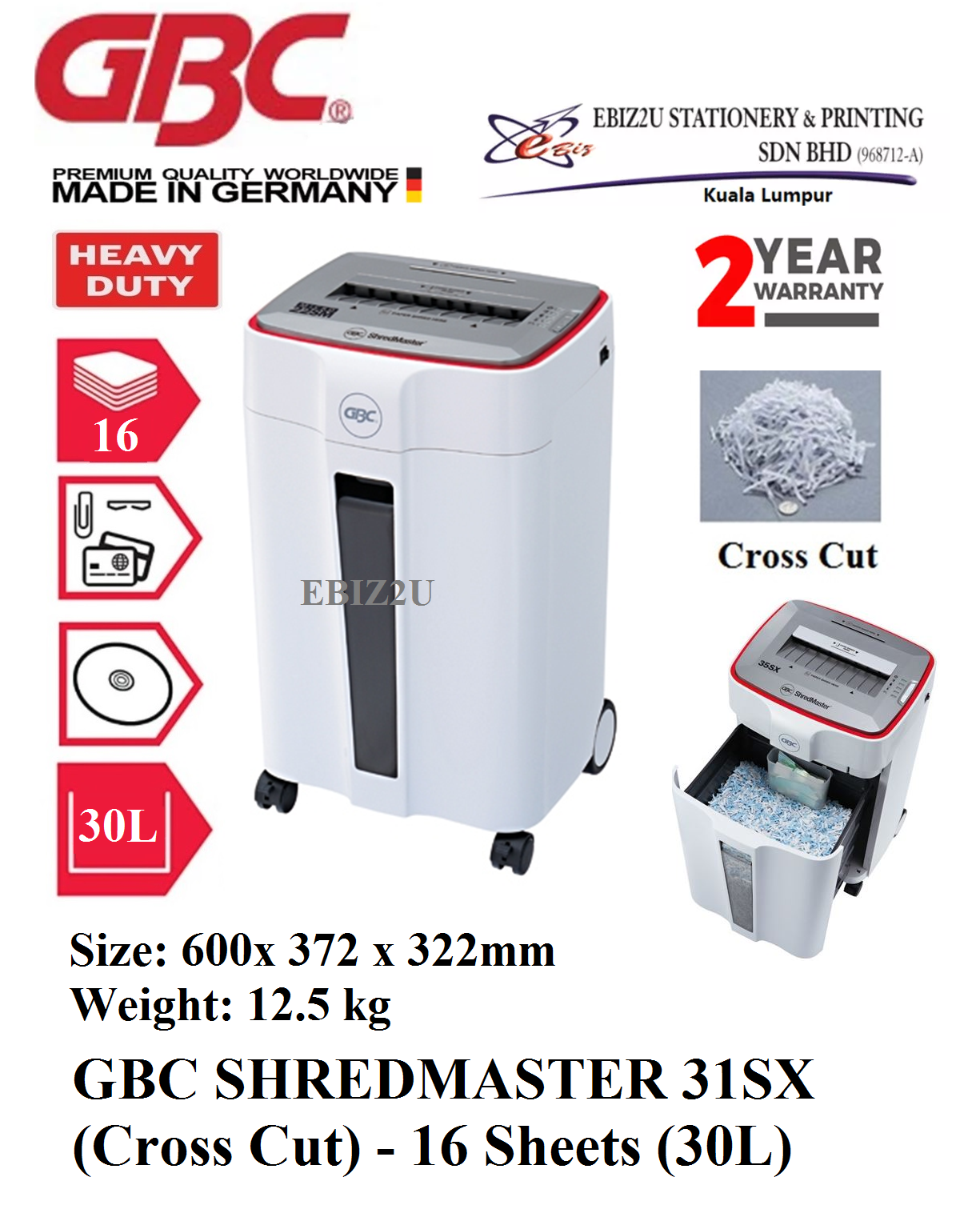 GBC SHREDMASTER 31SX Paper Shredder (Cross Cut) - 16 Sheets (30L) (Cross Cut, Paper Shredder, Shredder Machine, Office Shredder, Heavy Duty Shredder, Mesin Penghancur Kertas)