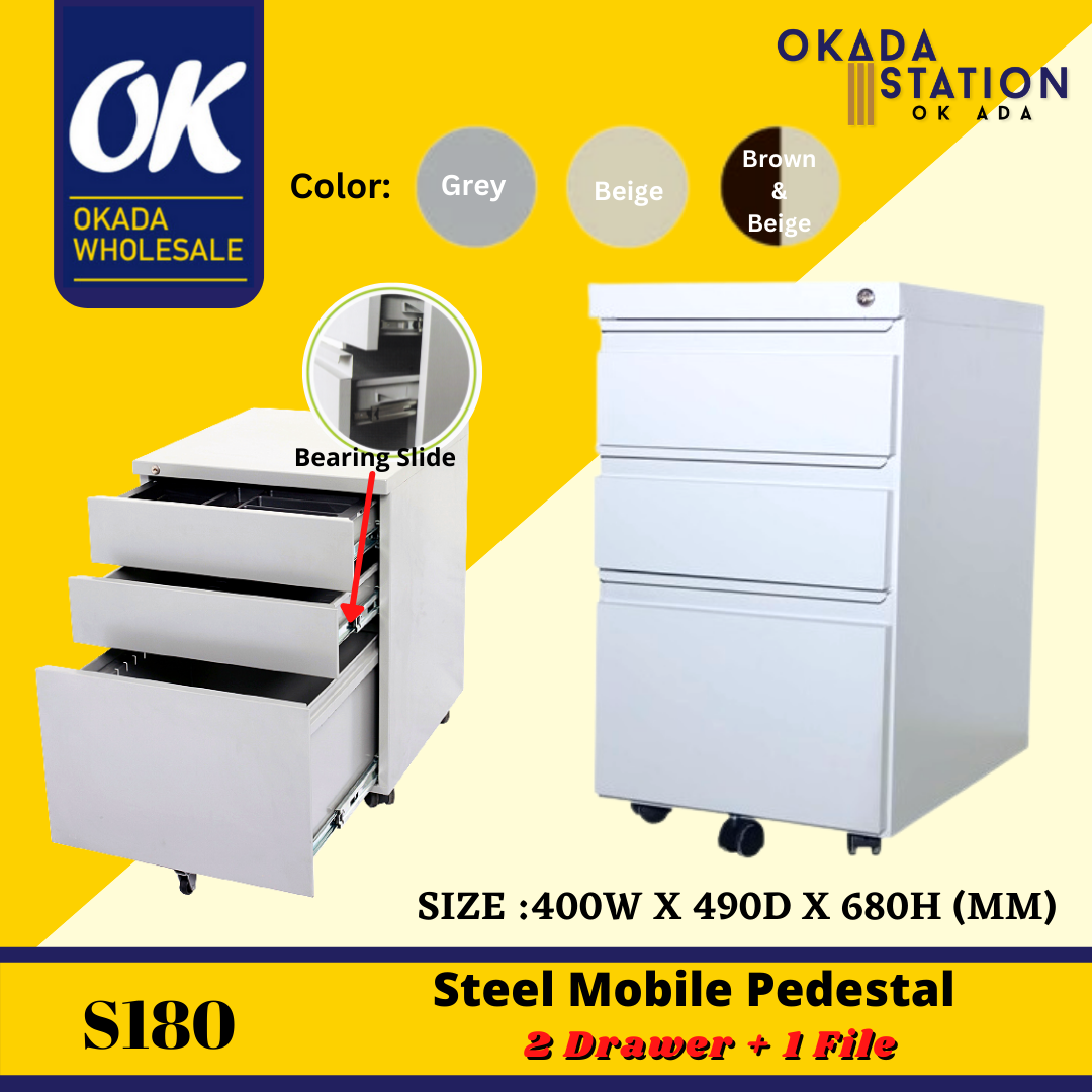 S180 Steel Mobile Pedestal With Ball Bearing Slide ( -2 Drawer + 1 File ) / Metal Mobile Pedestal / Mobile Pedestal / Cabinet / Metal Cabinet / Steel Drawer / Metal Drawer / Drawer