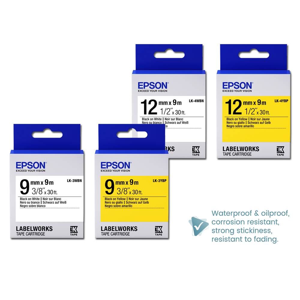 EPSON LABELWORKS TAPE CARTRIDGE 9/12/24MM 5/8/9 METER BLACK ON WHITE/YELLOW/RED/PINK TAPE