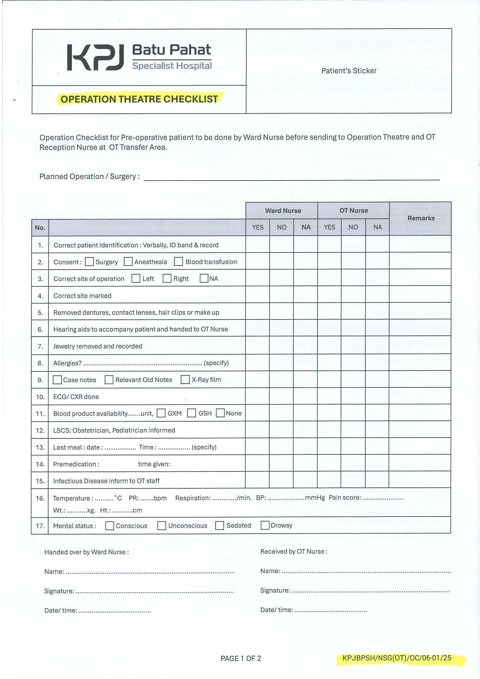 Operation Theatre Checklist Nursing Services