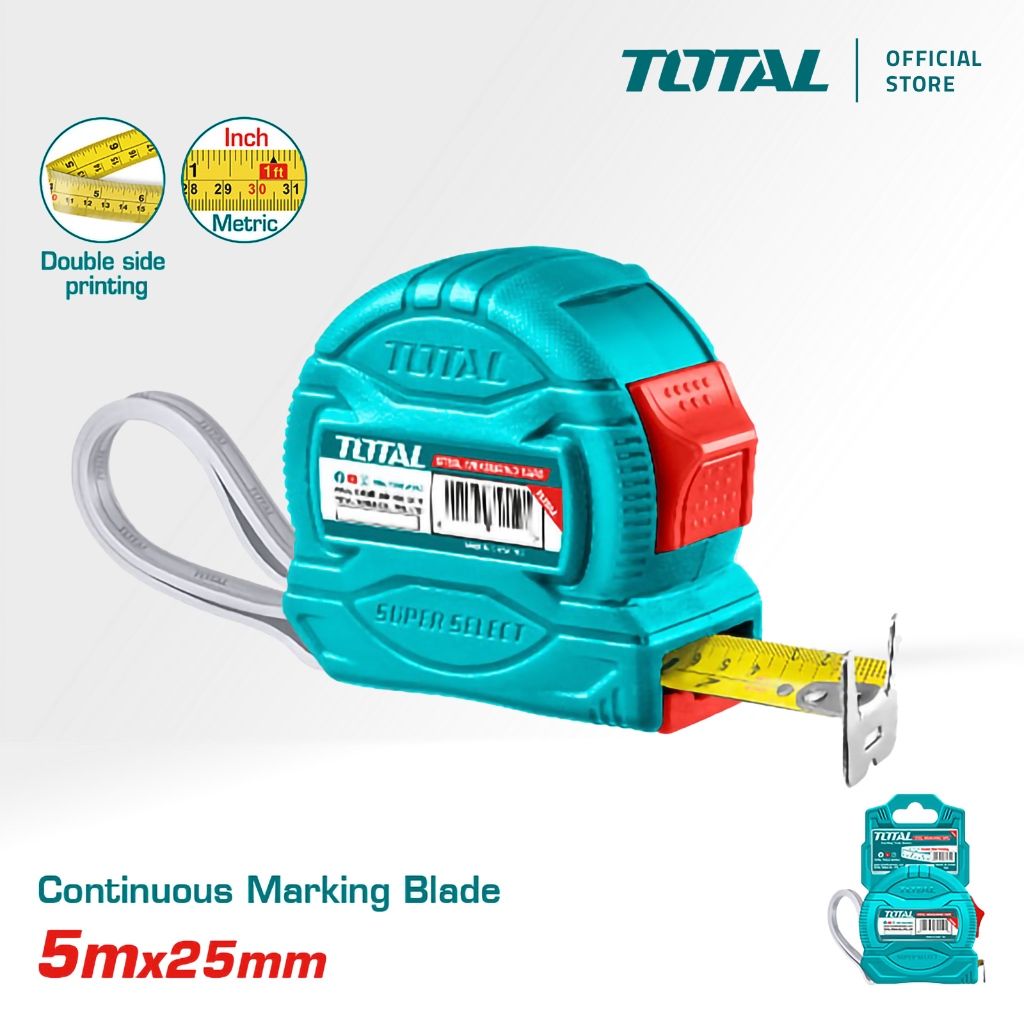 TOTAL STEEL MEASURING TAPE (5M X 25MM/8M X 25MM) SINGLE BUTTON WITH CONTINUOUS MARKING ON BOTH SIDES TMT34525/TMT34825