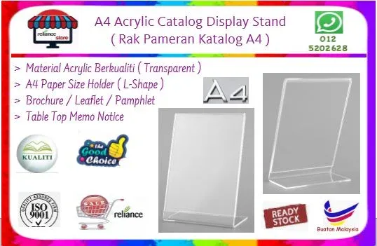 Transparent Catalog Display Stand - A4 / Acrylic Leaflet Holder / Brochure Holder / Paper Holder / Rak Pameran Katalog # Table Top Display Holder # L-Shape # RS1373 ( KTT : 1 Unit )