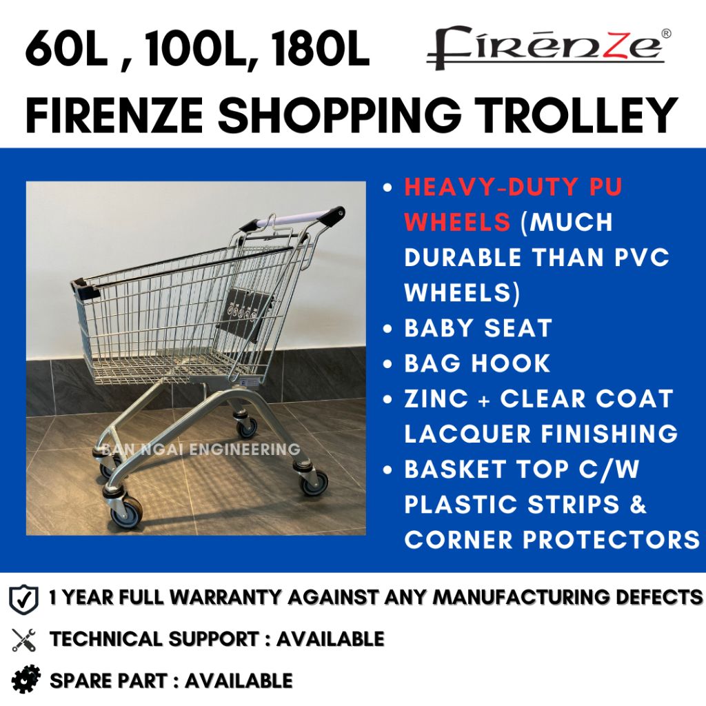 FIRENZE 60L 100L 180L (PU WHEEL) SHOPPING TROLLEY SHOPPING CART SUPERMARKET | HEAVY DUTY | 1 YEAR WARRANTY