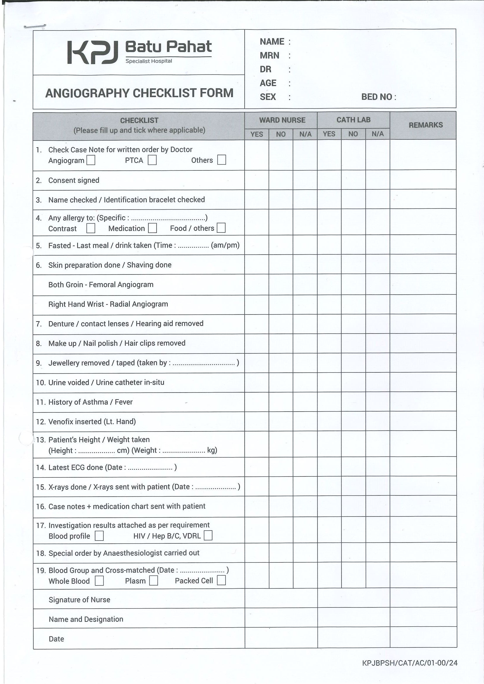 Angiography Checklist Form