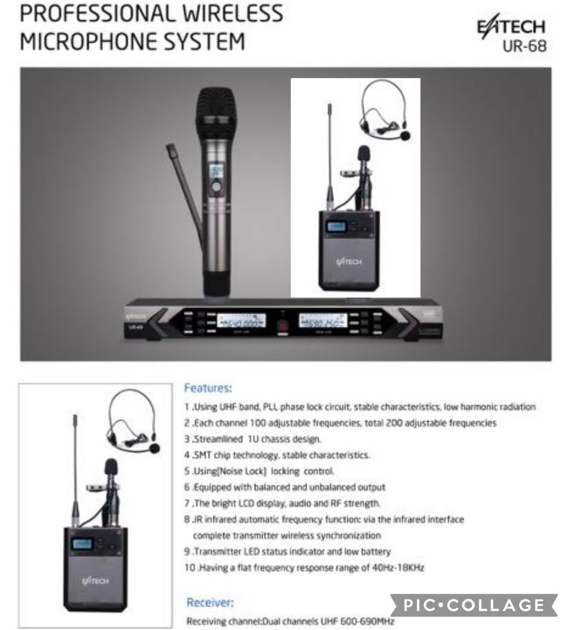 Professional Wireless Microphone System UR-68 (1 Mic + Headset)
