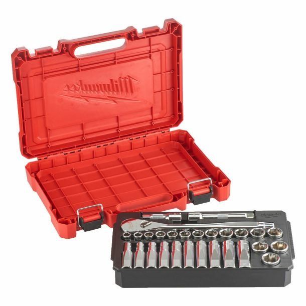 Milwaukee 1/2” 1/4" Drive Metric 28pc Ratchet & Socket Set 4932-4718-64, 4932-4649-43