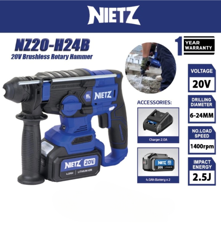NIETZ 20V NZ20-H24B 2-MODE BRUSHLESS CORDLESS ROTARY HAMMER IMPACT DRILL