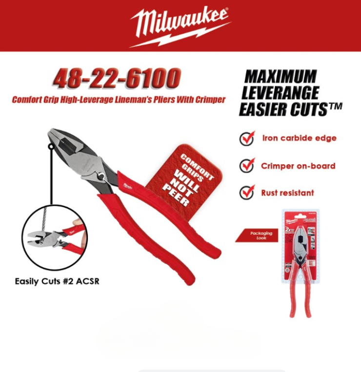 MILWAUKEE COMFORT GRIP HIGH-LEVERAGE LINEMAN'S PLIERS (48-22-6100)