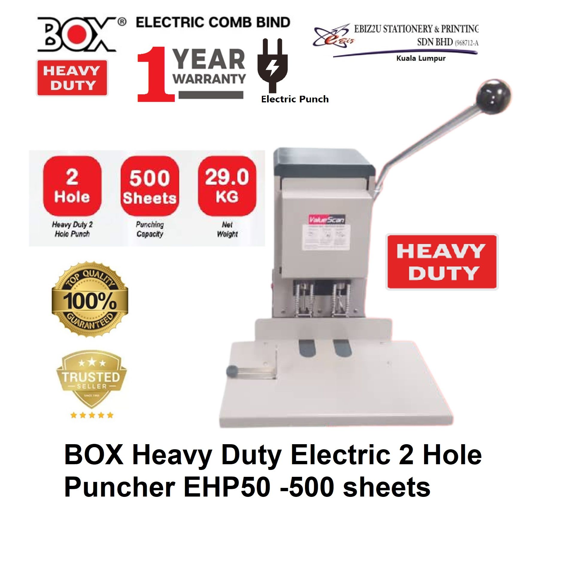 BOX Heavy Duty Electric 2 Hole Puncher EHP50 -500 sheets Electric Puncher