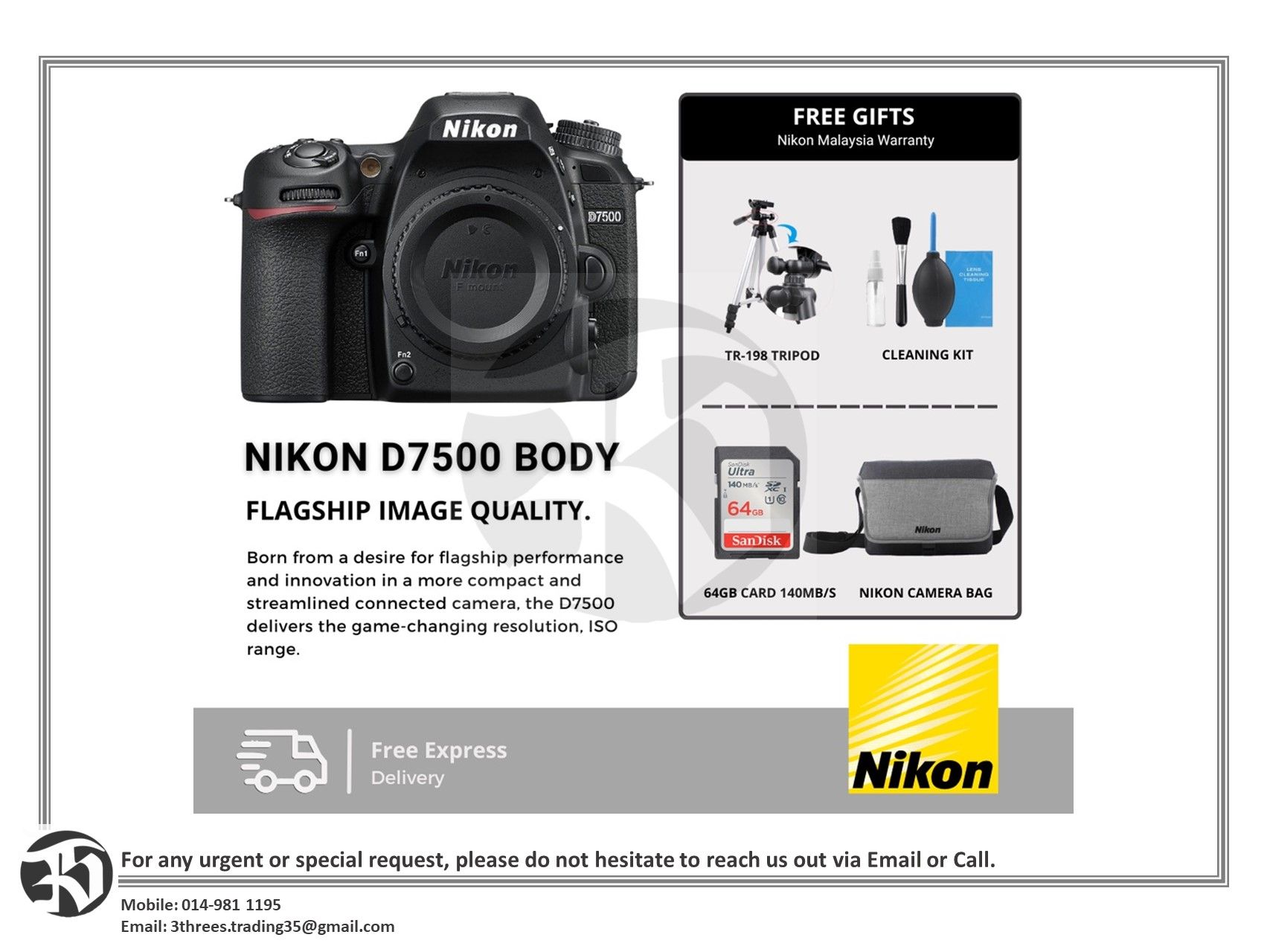 Nikon D7500 DSLR Camera Body with AFS 18-140mm VR Lens & 18-55mm F3.5-5.6G AF-P DX G VR Lens + 64GB + DSLR Bag