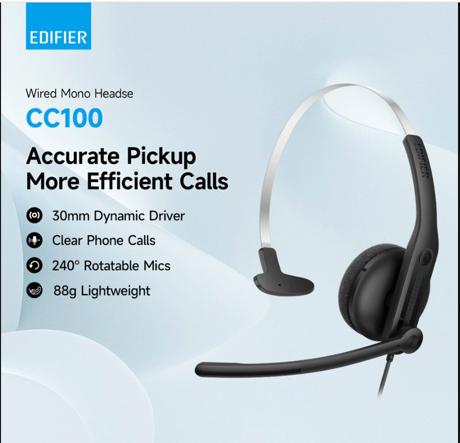Edifier CC100 Wired Mono Headset with Built-in AI Noise Cancellation Microphones Ensure Clear Calls / HEADPHONE