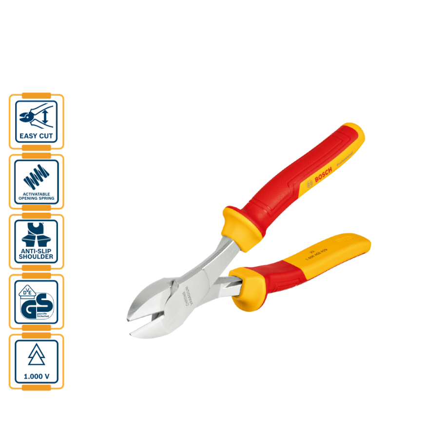 BOSCH INSULATED (VDE) HIGH LEVERAGE DIAGONAL SIDE CUTTER 200MM PROFESSIONAL (1600A02NE2)