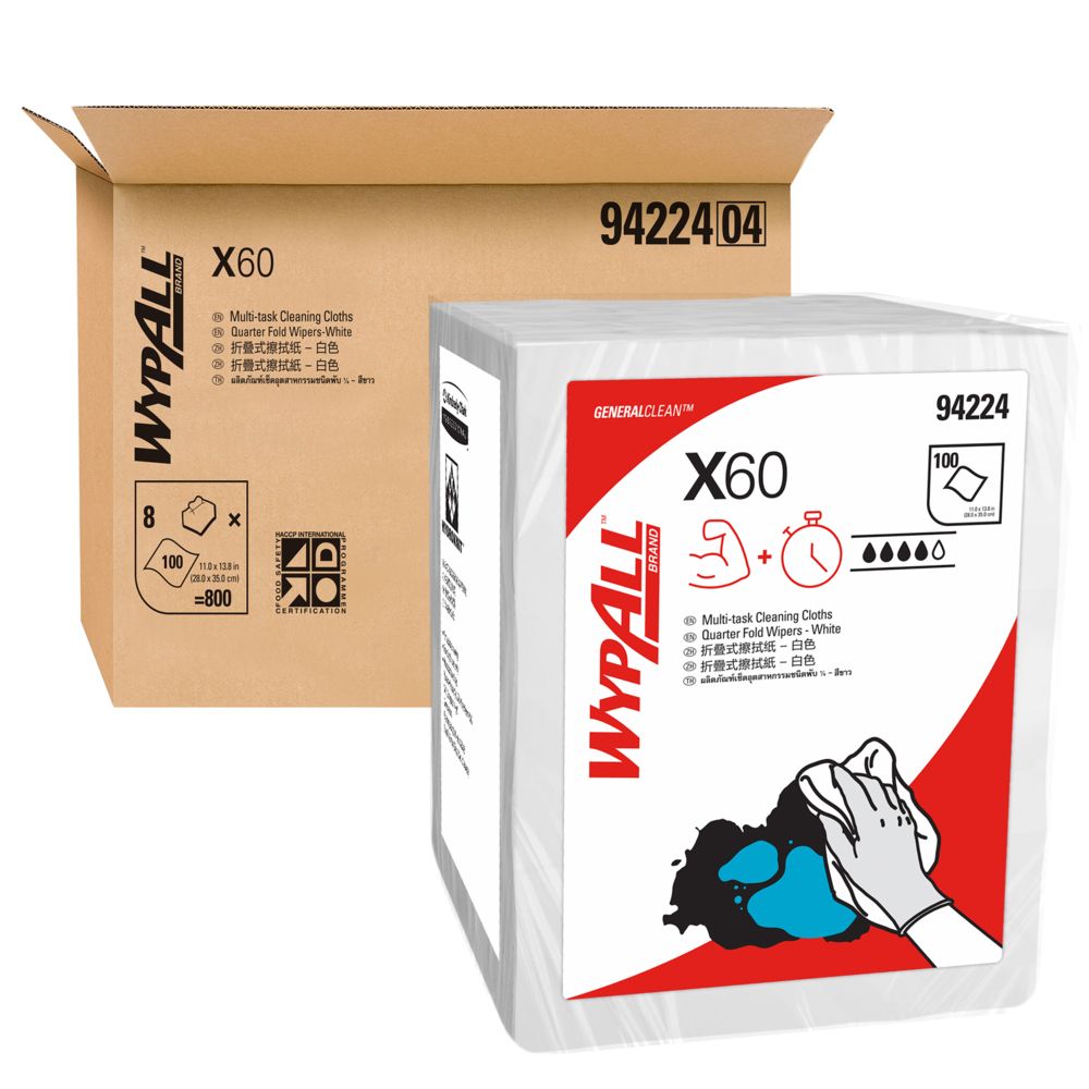 WypAll庐 X60 Single Sheet Wipers (94224), Cleaning Wipes, 8 Packs / Case, 100 Wipers / Pack (800 Wipers)