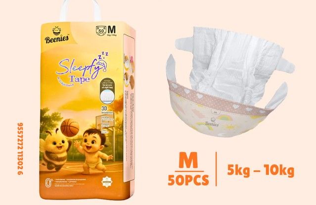 Beenies Sleepfy Tape Baby Diaper NB–M | Jumbo Pack Lampin Bayi Jenis Tape – All Night Comfort 11301-S56 Tape 1pk SL-11300-11302