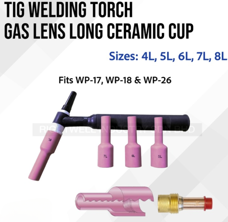 TIG TORCH GAS LENS LONG CERAMIC CUP – WP-17 / WP-18 / WP-26 (SIZES #4 TO #8)