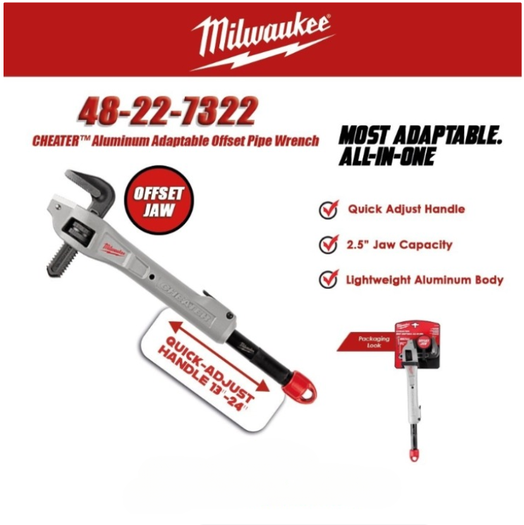 MILWAUKEE 48-22-7322 13''-24'' CHEATER™ ALUMINUM ADAPTABLE OFFSET PIPE WRENCH QUICK ADJUST 2.5” JAW CAPACITY