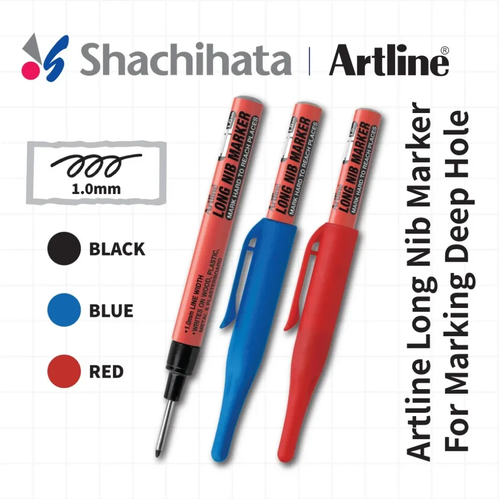 Artline Long Nib Marker Box Set (12pcs) - Fine Point 1.0mm | 3 Colours | Waterproof | Instant Drying | for Marking Deep Hole  Black