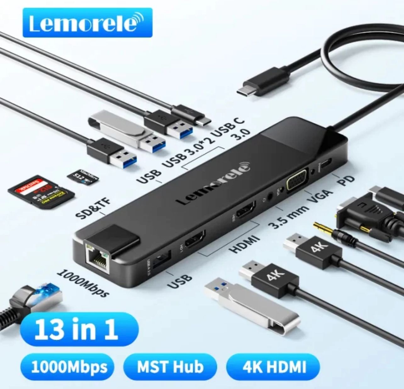 Lemorele TC100 Usb C Hub 13-in-1 Adapter Multifunctional expansion dock Supports USB HDMI network port 3.5mm audio cable suitable for Mac/Windows Samsung