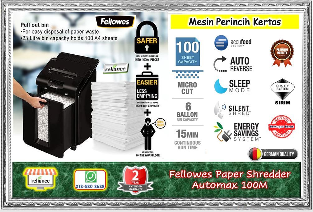 Fellowes Paper Shredder AUTOMAX 100M / Fellowes Automax 100M / Mesin Penghancur Kertas / Mesin Perincih # Heavy Duty # Waranti : 2 Tahun # RS2386 ( KTT : 1 Unit )