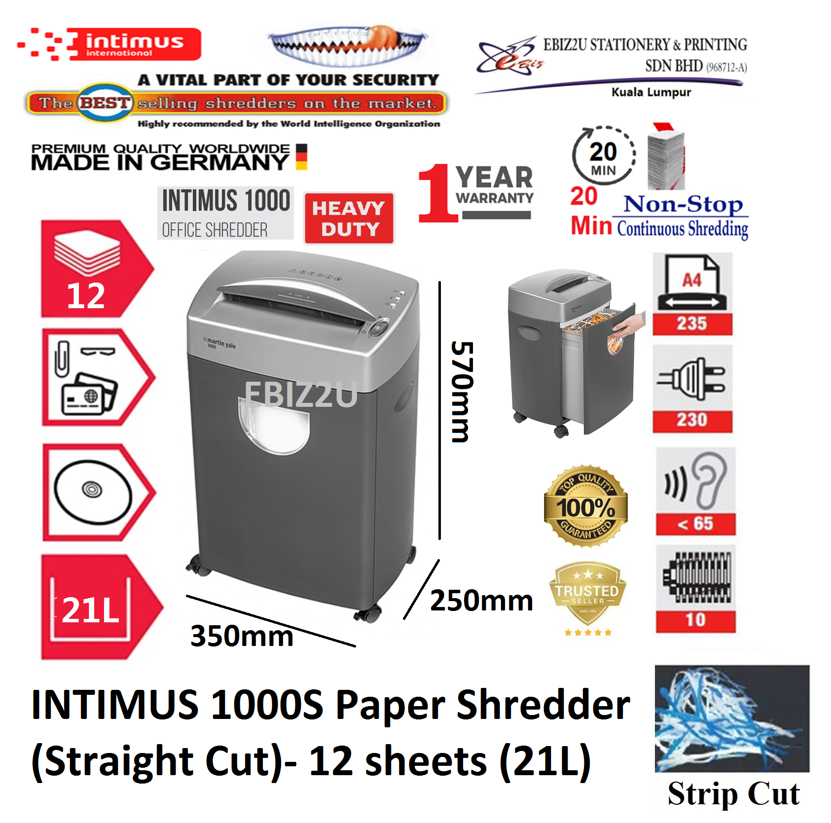 INTIMUS 1000S Paper Shredder (Straight Cut)- 12 sheets (21L) (Strip Cut, Personal Shredder, Paper Shredder, Shredder Machine, Office Shredder, Home Shredder, Mesin Penghancur Kertas)