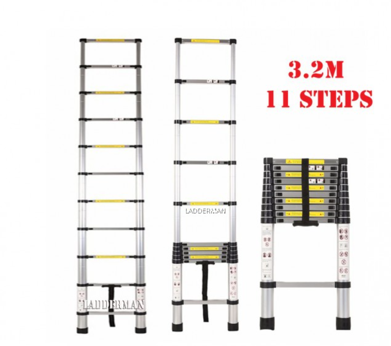 HIGH QUALITY ALUMINIUM TELESCOPIC EXTENDABLE LADDER 3.2M WITH 11 STEPS