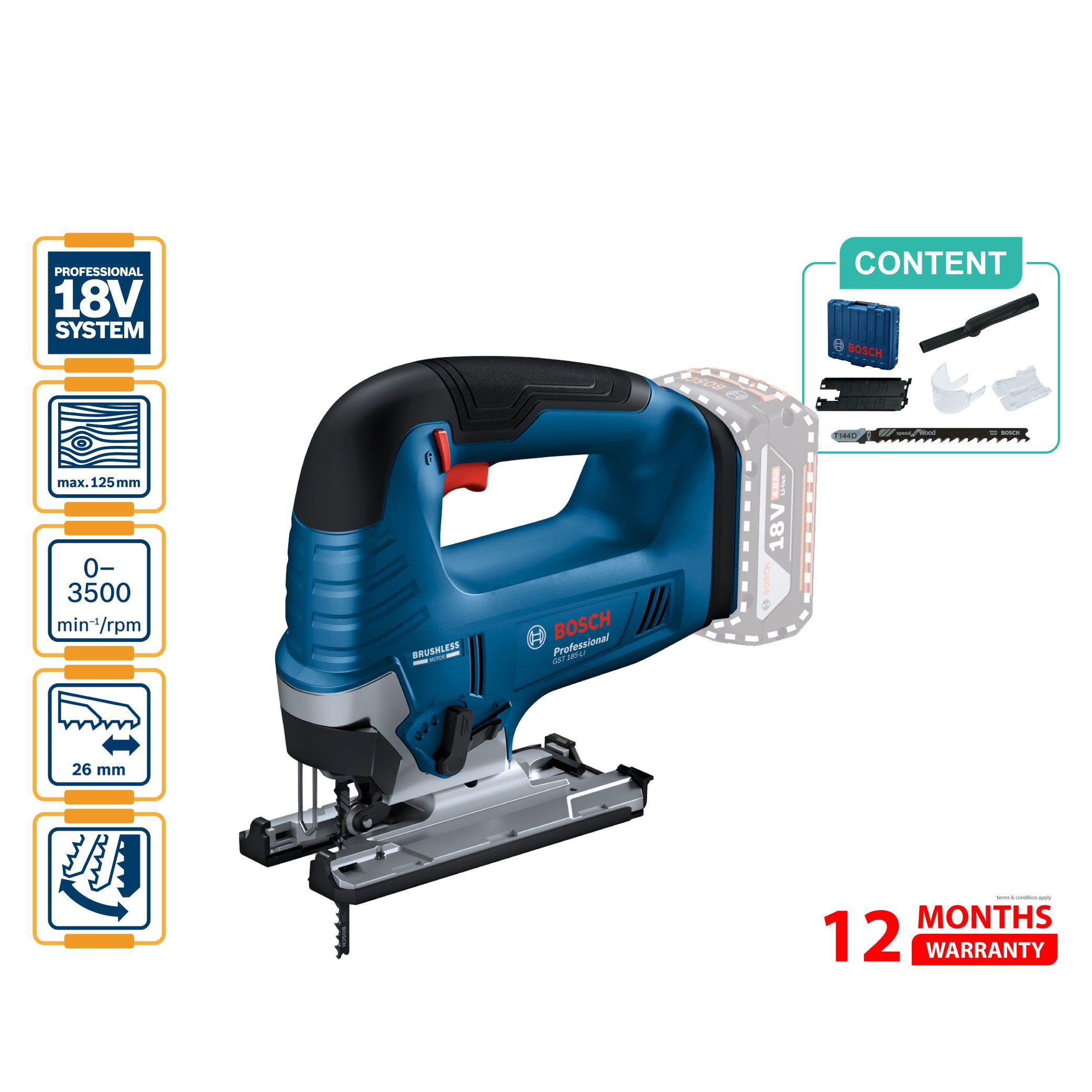 Bosch GST 185-LI Cordless Jigsaw (Solo) - 06015B30L3
