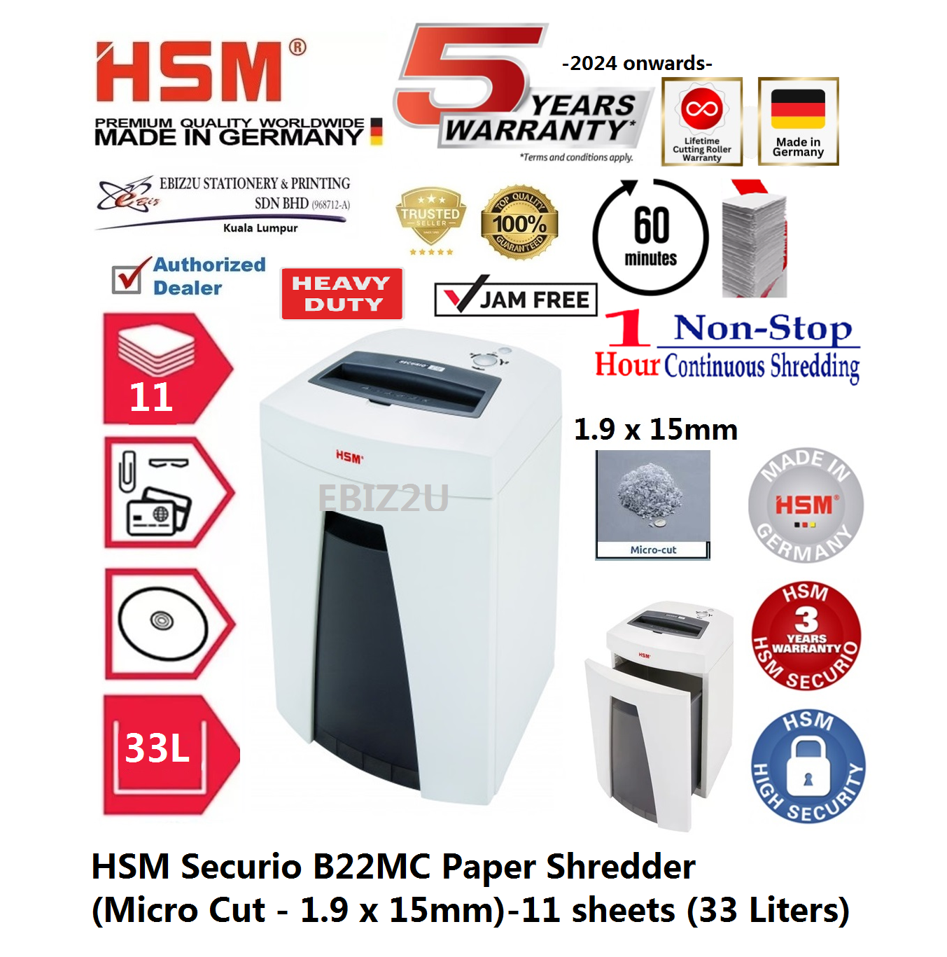 HSM Securio B22 MC Paper Shredder (Micro Cut)-11 sheets (33 Liters) ( B22MC, B22CC, Micro Cut, Paper Shredder, Shredder Machine, Office Shredder, Heavy Duty Shredder, Mesin Penghancur Kertas)