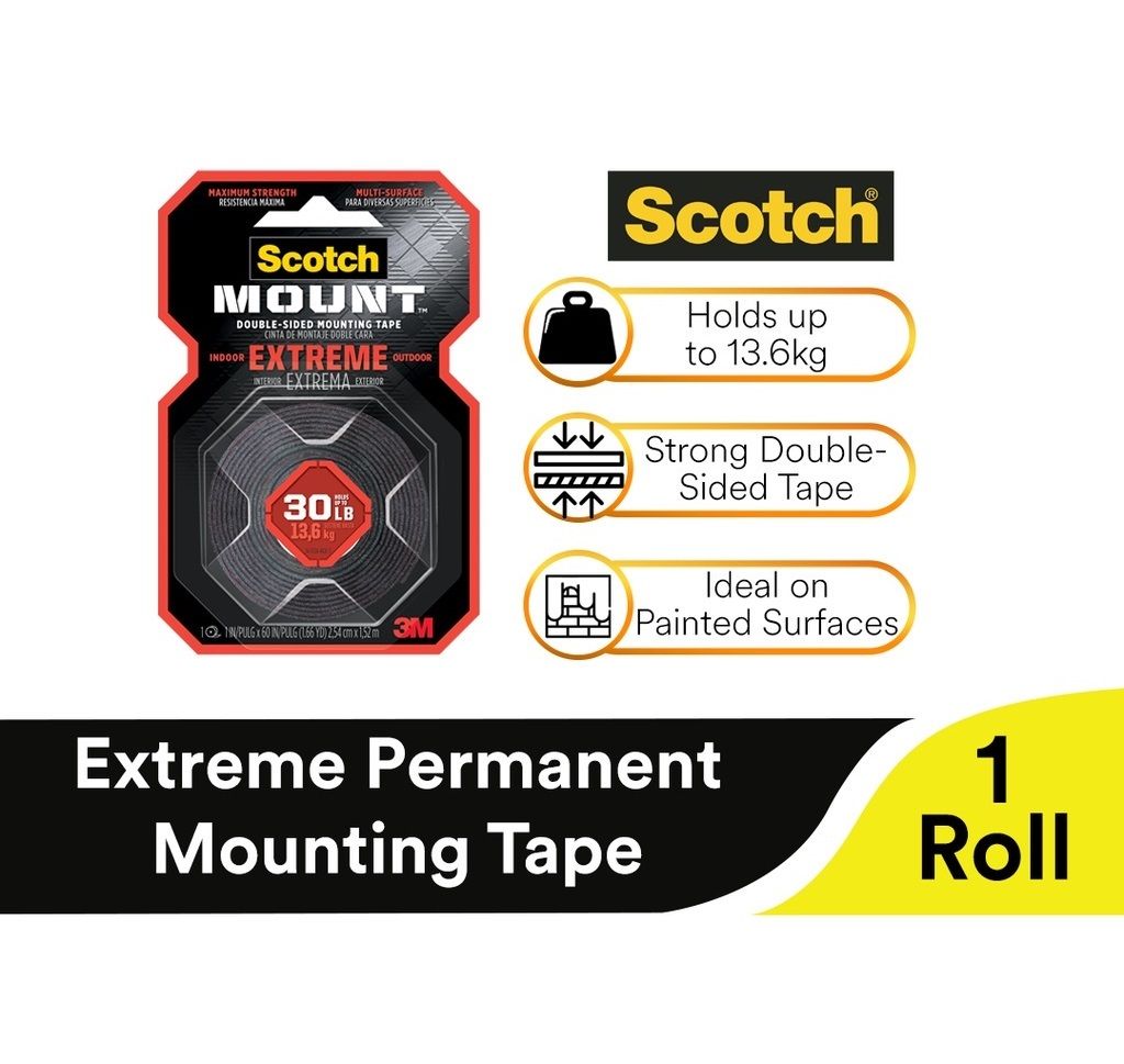 3M Scotch Extreme Permanent Mounting Weather Resistant Double-sided Acrylic Foam Tape (25.4mm X 1.52m)