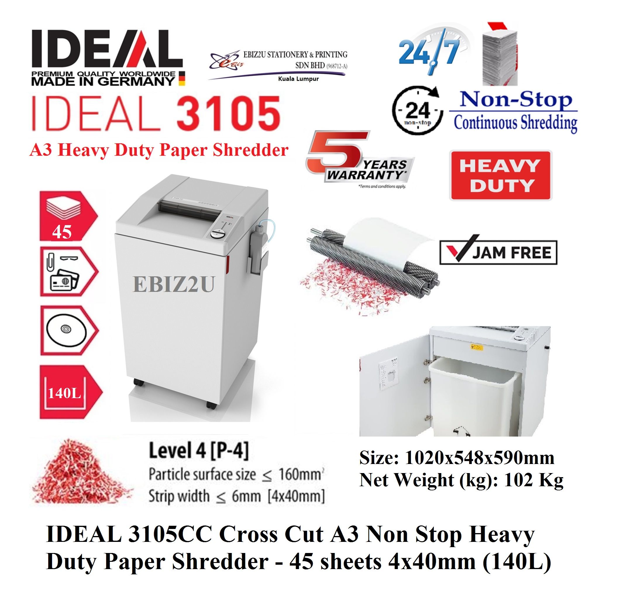 IDEAL 3105 CC Cross Cut A3 Non Stop Heavy Duty Paper Shredder - 45 sheets 4x40mm (140L) 3105C (Non Stop Paper Shredder, Shredder Machine, Office Shredder, Mesin Penghancur Kertas, Heavy Duty Shredder, Heavy Duty Paper Shredder)