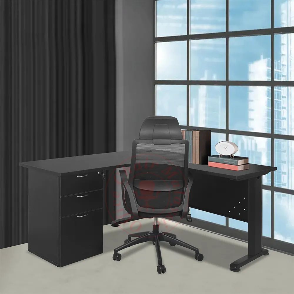 Full Black L Shape Office Table (c/w 2 Drawers + 1 Filing) + High Back Office Chair
