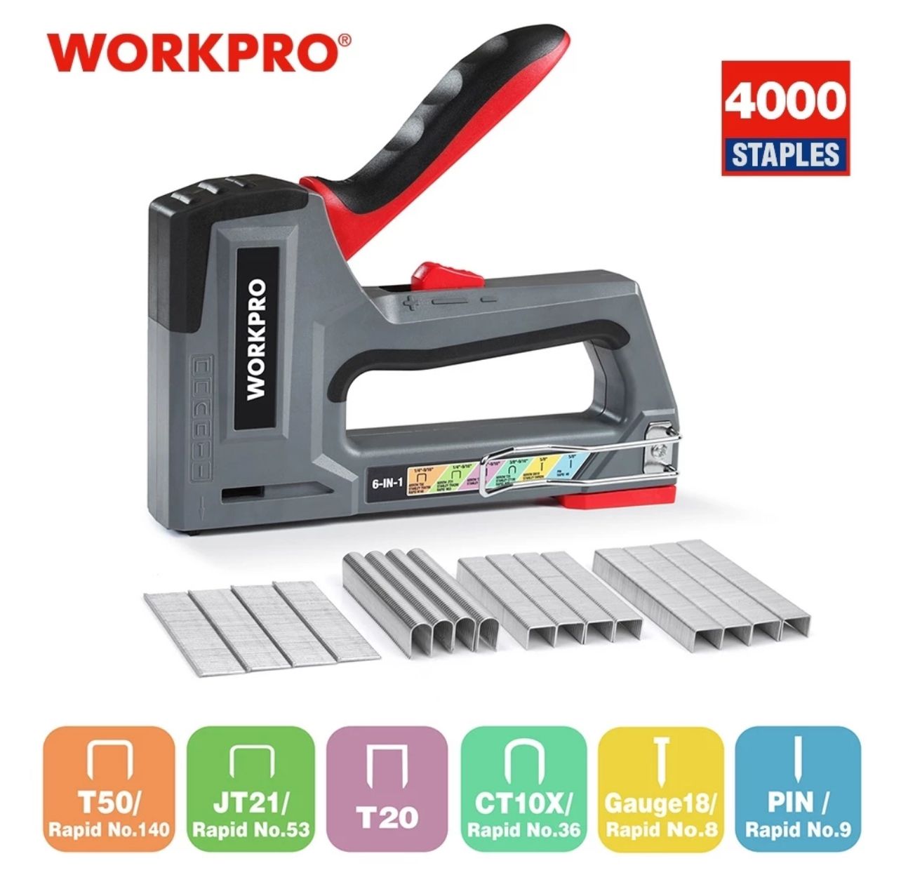 WORKPRO 6-in-1 Stapler Heavy Duty Staple Gun Manual Nail Gun free 4000PC Staples