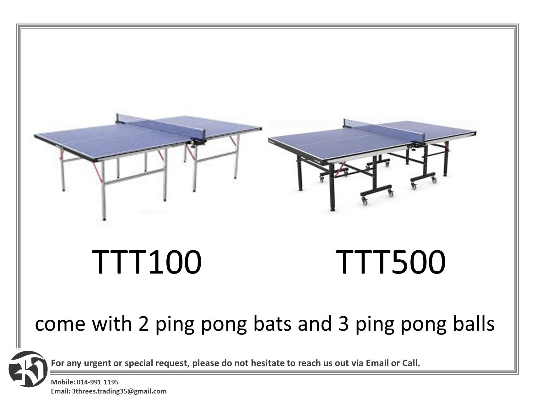 ping pong table TTT100 / TTT500 come with 2 ping pong bats & 3 ping pong balls