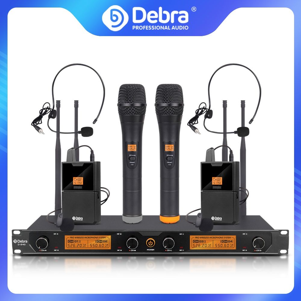 Debra Audio D-240 4 Channel Handheld or Lavalier & Headset UHF Wireless Microphone System For speech Karaoke party