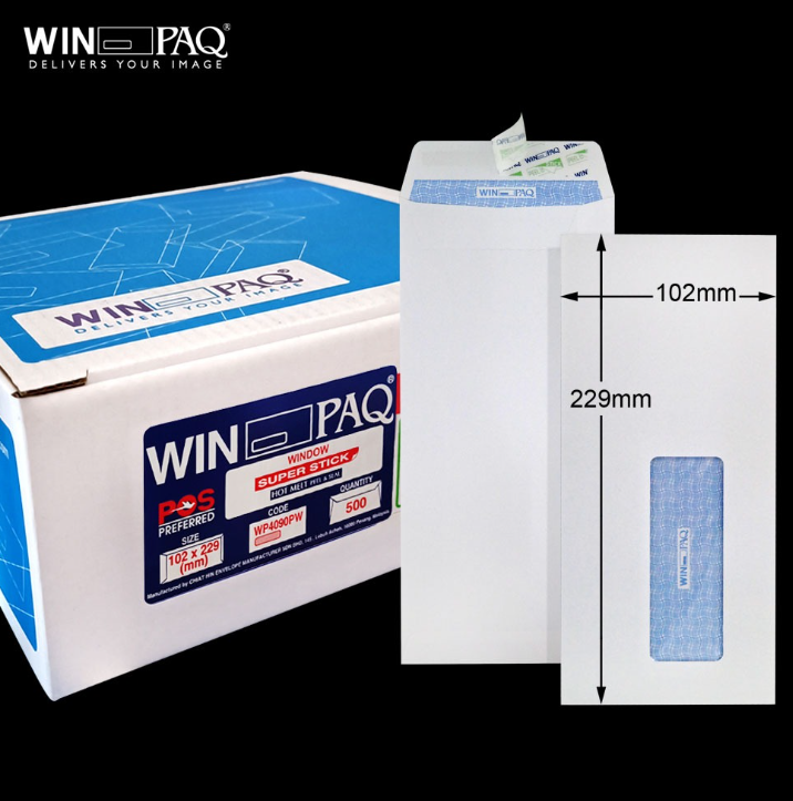 WINPAQ 4"X9" WINPAQ 100GM WHITE OPAQUE WINDOW P&S POCKET ENVELOPE