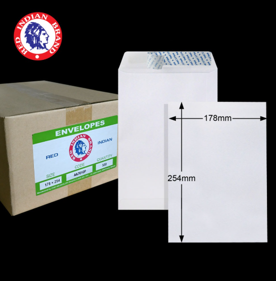 7'X10" RED INDIAN 100GM WHITE P&S POCKET ENVELOPE (500'S X 2 BOXES)