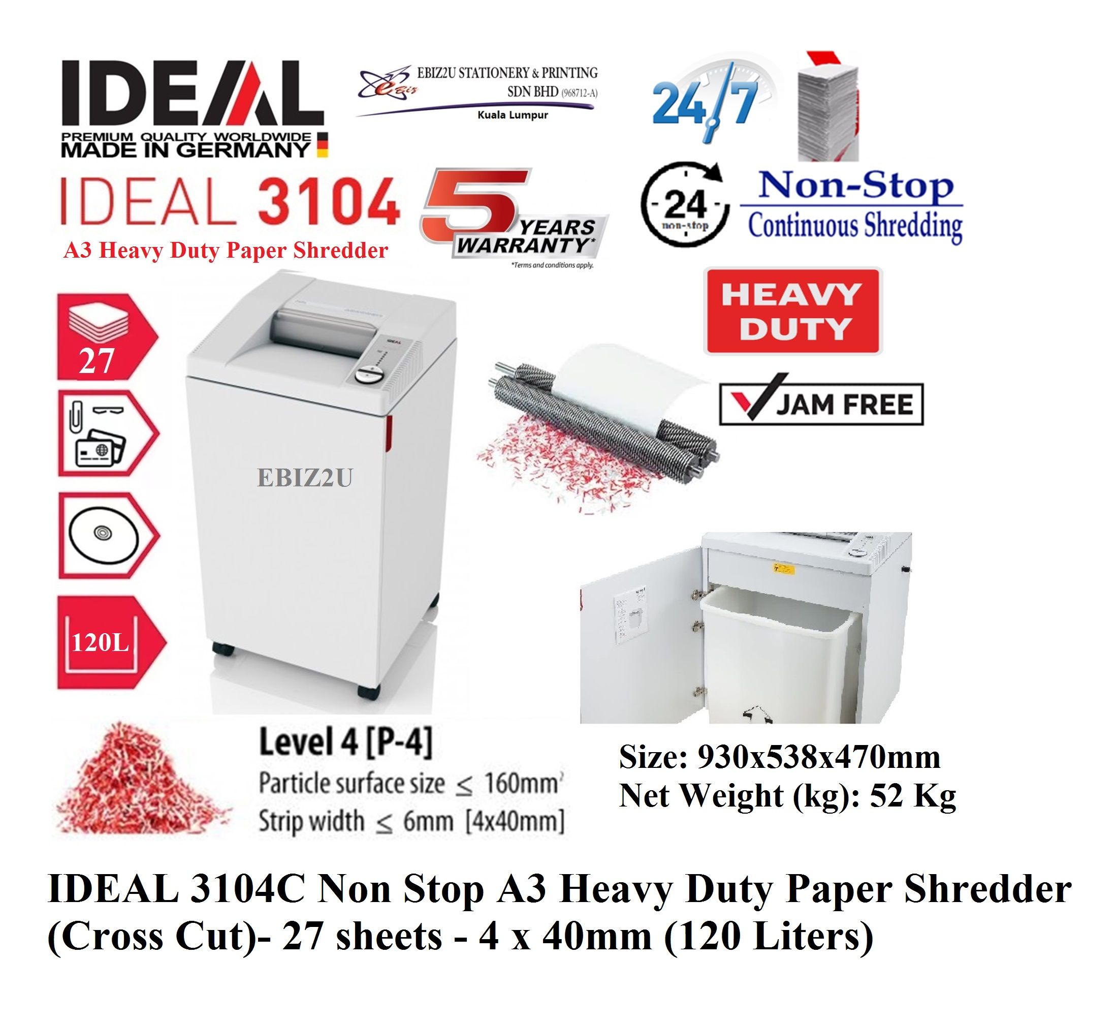 IDEAL 3104 C Non Stop A3 Heavy Duty Paper Shredder (Cross Cut)- 27 sheets - 4 x 40mm (120 Liters) 3104C (non stop, Cross Cut, Paper Shredder, Shredder Machine, Office Shredder, Heavy Duty Shredder, Mesin Penghancur Kertas)