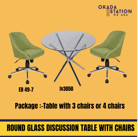 DISCUSSION TABLE WITH CHAIRS SET / ROUND SHAPE / GLASS TABLE TOP / MEJA PERBINCANGAN