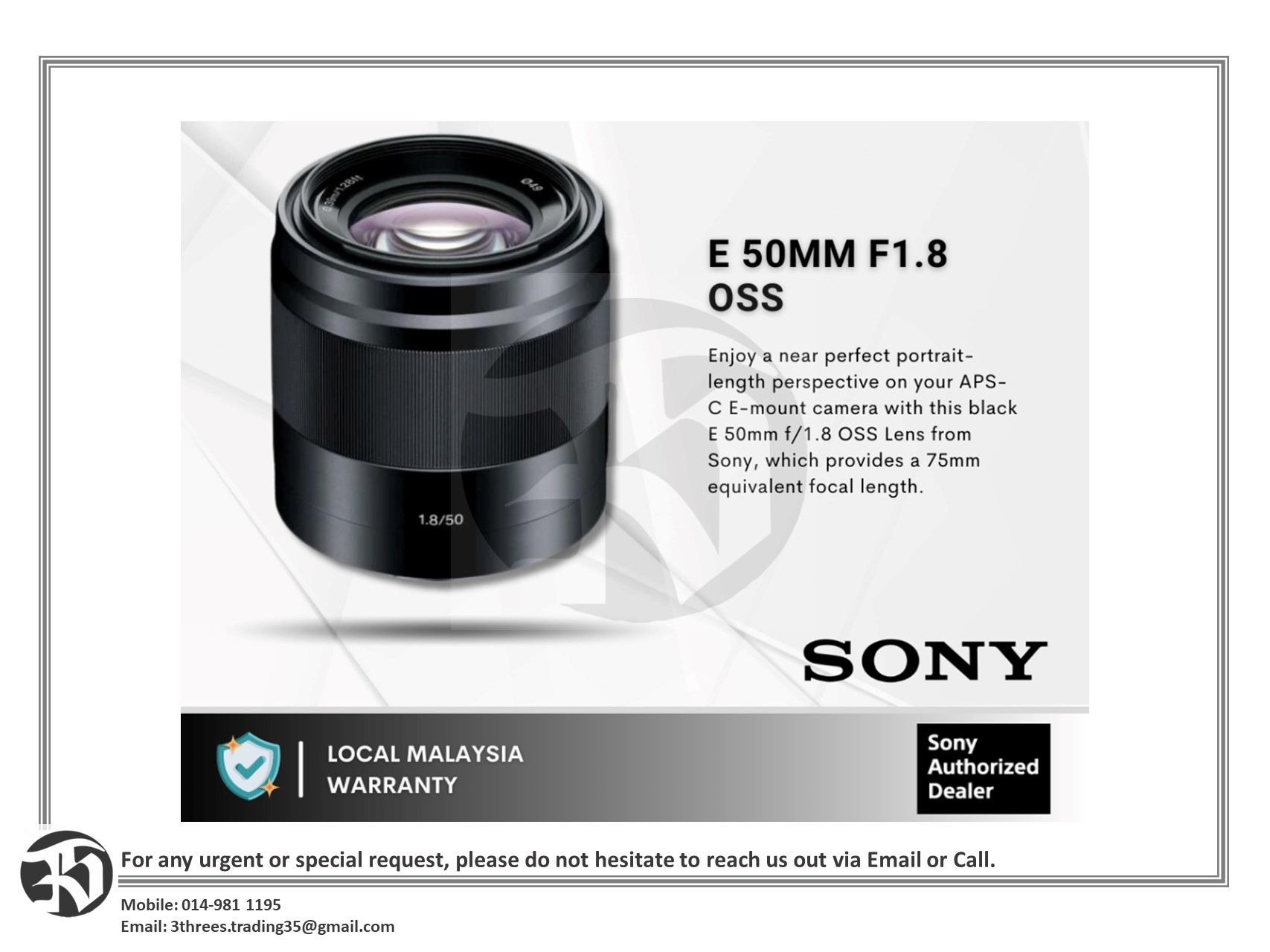 Sony E 50mm f/1.8 OSS Black Lens-SEL50F18 (For Sony A6400 / A6500 / A6600 / ZV-E10)