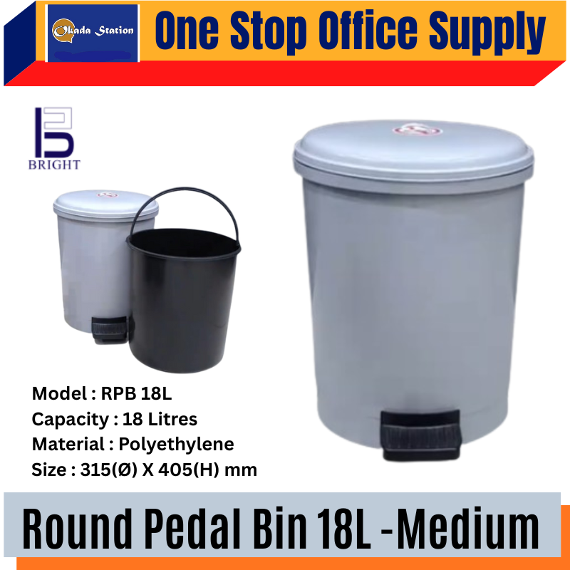 ROUND PEDAL BIN 18L - MEDIUM / ROUND PEDAL DUSTBIN / ROUND FOOT-OPERATED TRASH CAN / PEDAL BIN / STEP-ON BIN / TRASH CAN / GABAGE BIN / DUSTBIN CAN / TONG SAMPAH PEDAL / TONG SAMPAH / 18 LITRES / RPB 18L
