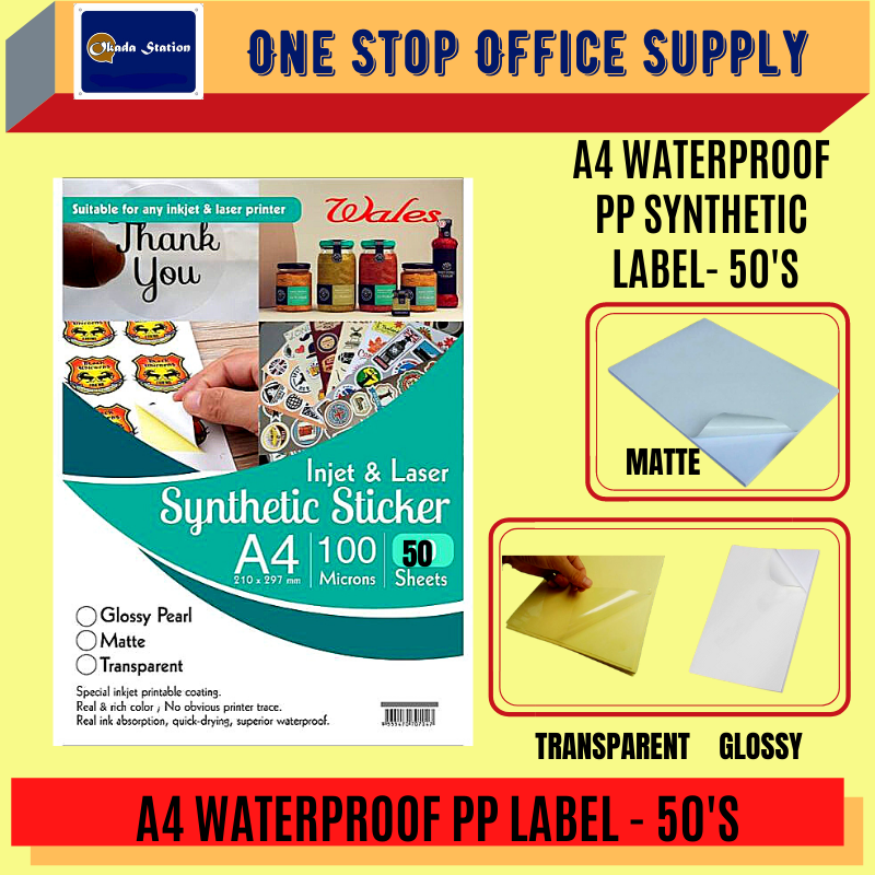 A4 WATERPROOF PP SYNTHETIC LABEL-50'S / WATERPROOF / MATTE / TRANSPARENT / GLOSSY / STICKER / A4