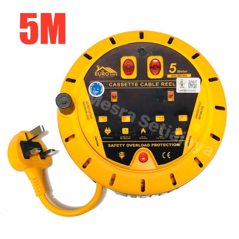 QS CASSETTE CABLE REEL Portable Extension Trailing Socket Extension Plug Adapters 13Amp 3 Core Cable (5 Meter)