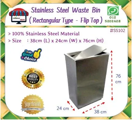 Stainless Steel Rectangular Waste Bin (30 Liter) / Stainless Steel Dustbin / Tong Sampah Segi-Empat / Garbage Bin # Rectangular & Flip Top Cover # Size : 38cm x 24cm x 76cm # Buatan Malaysia # RP0984 ( KTT : 1 Unit )
